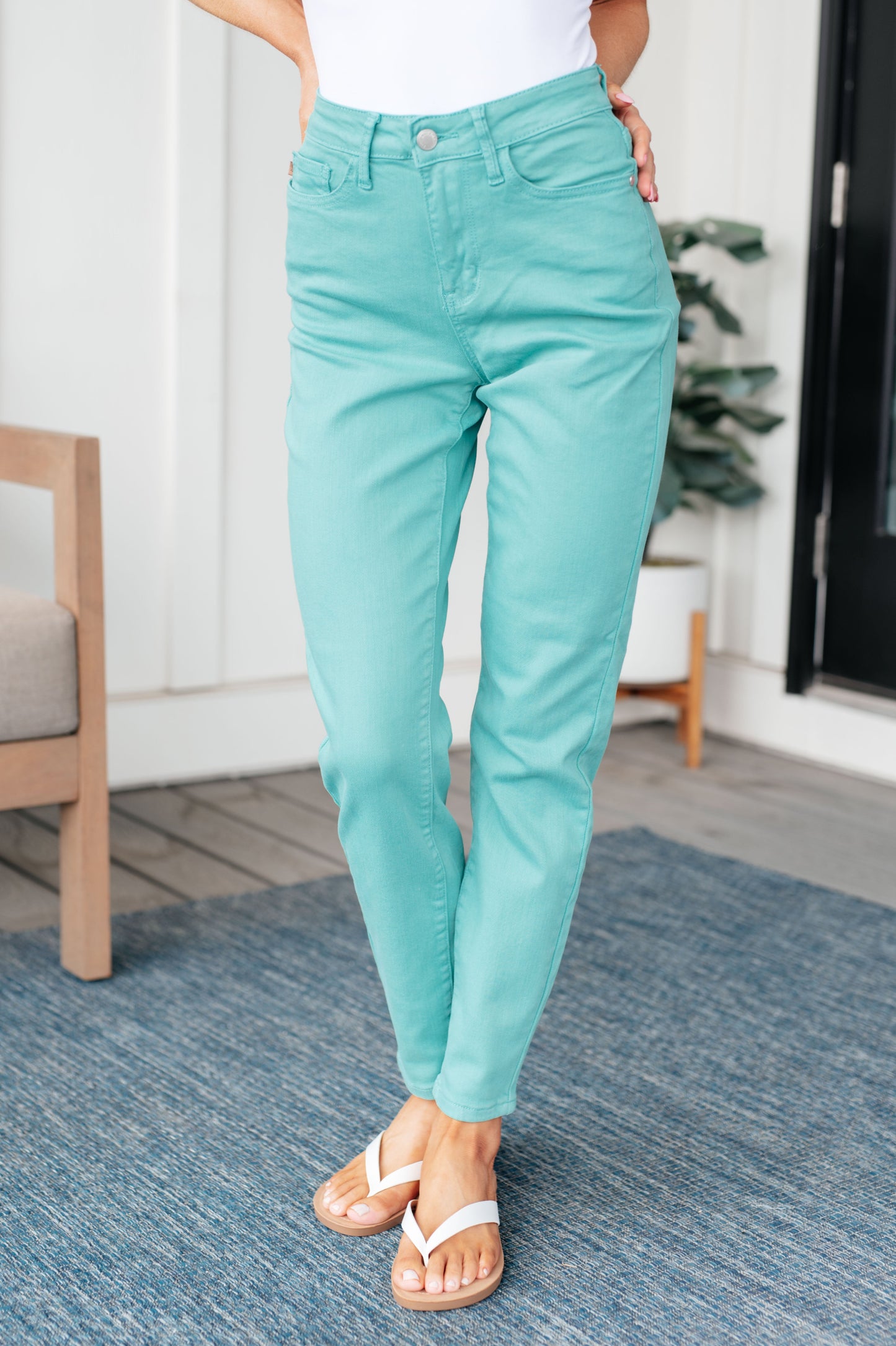 Bridgette High Rise Garment Dyed Slim Jeans in Aquamarine - Simply Polished Boutique